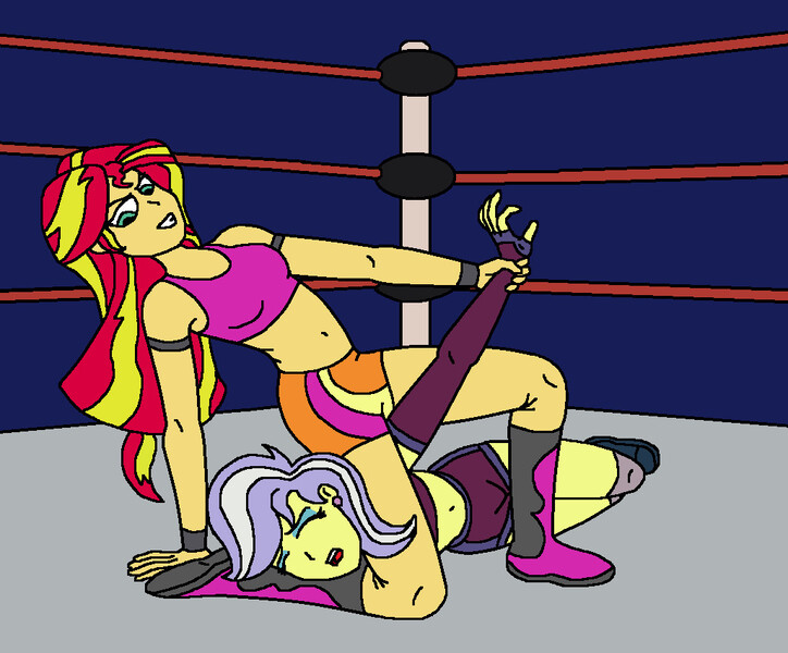 Size: 1028x852 | Tagged: safe, artist:avispaneitor, derpibooru import, sunset shimmer, upper crust, equestria girls, belly button, clothes, equestria girls wrestling series, midriff, sports bra, wrestling, wrestling ring