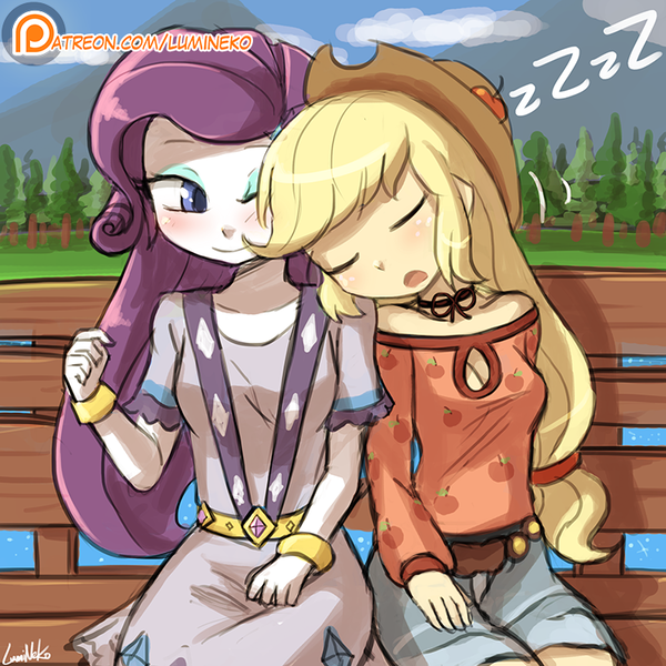 Size: 750x750 | Tagged: safe, artist:lumineko, derpibooru import, applejack, rarity, equestria girls, legend of everfree, bench, boob window, bracelet, camp fashion show outfit, clothes, cowboy hat, cute, female, freckles, hat, jackabetes, lesbian, one eye closed, rarijack, shipping, shorts, signature, sitting, sleeping, stetson, zzz