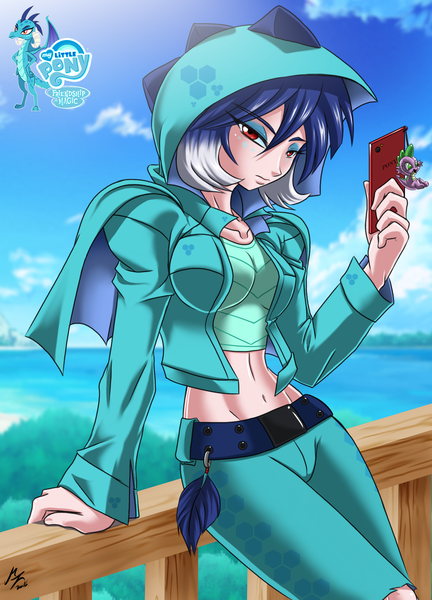 Size: 1600x2222 | Tagged: artist:mauroz, bedroom eyes, belly button, belt, breasts, busty princess ember, clothes, derpibooru import, eyeshadow, female, freckles, hoodie, human, humanized, keychain, leaning, lidded eyes, looking at you, makeup, midriff, mobile phone, phone, princess ember, safe, smartphone, solo, spike, wide hips