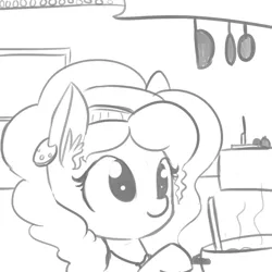 Size: 864x864 | Tagged: safe, artist:tjpones, derpibooru import, saffron masala, spice up your life, cooking, cute, missing horn, monochrome, saffronbetes, sketch, smiling, solo