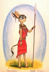 Size: 1048x1532 | Tagged: africa, african culture, animal in mlp form, antelope, anthro, artist:thefriendlyelephant, beads, bracelet, derpibooru import, ear piercing, earring, gerenuk, jewelry, masai warrior, necklace, oc, oc:nuk, piercing, safe, spear, traditional art, unguligrade anthro, unofficial characters only, weapon