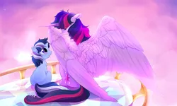 Size: 1250x750 | Tagged: safe, artist:aidapone, derpibooru import, twilight sparkle, twilight sparkle (alicorn), oc, oc:dusk shimmer, alicorn, pony, mother and son, offspring, parent:twilight sparkle