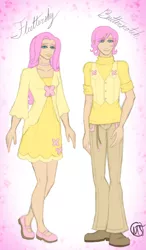 Size: 1489x2550 | Tagged: safe, artist:swag-thomas-stroker, derpibooru import, fluttershy, human, butterscotch, clothes, dress, humanized, rule 63, self paradox