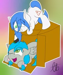 Size: 1525x1824 | Tagged: artist:laptopbrony, cardboard box, cute, derpibooru import, oc, oc:darcy sinclair, oc:mal, poking, safe, unofficial characters only