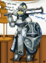 Size: 1600x2200 | Tagged: safe, artist:mopyr, derpibooru import, oc, oc:camilia, unofficial characters only, anthro, armor, offscreen character, shield, solo, sword, weapon