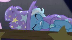 Size: 1167x658 | Tagged: safe, derpibooru import, screencap, starlight glimmer, trixie, pony, unicorn, no second prances, animated, blinking, clothes, cute, diatrixes, eyes closed, female, glimmerbetes, looking at each other, looking back, mare, one eye closed, raised hoof, smiling, torn clothes, wink