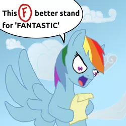 Size: 1000x1000 | Tagged: artist:runbowdash, cloud, derpibooru import, f, flying, glare, greatest fear, open mouth, rainbow dash, rainbow dumb, safe, solo, speech bubble, spread wings