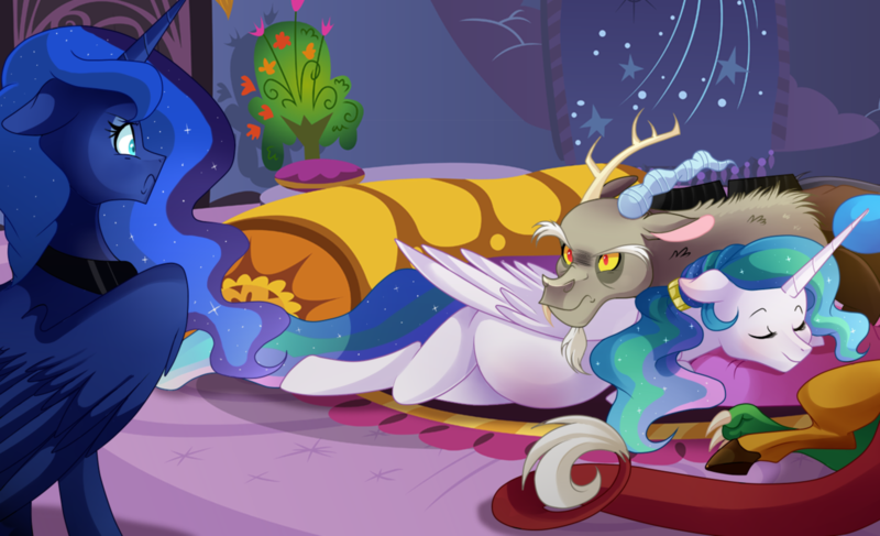 Size: 1280x779 | Tagged: safe, artist:hikariviny, derpibooru import, discord, princess celestia, princess luna, dislestia, female, male, overprotective, preglestia, pregnant, royal sisters, shipping, straight