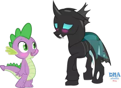 Size: 9462x6834 | Tagged: absurd resolution, artist:dnastudiobrony, black sclera, blushing, changeling, cute, derpibooru import, floppy ears, gay, male, raised hoof, safe, shipping, simple background, smiling, spike, spikeling, the times they are a changeling, thorax, thoraxspike, transparent background, vector