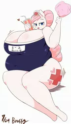 Size: 1788x3101 | Tagged: anthro, artist:braffy, bbw, belly, big belly, big breasts, blushing, breasts, busty nurse redheart, cleavage, clothes, cotton candy, derpibooru import, fat, female, food, heart, huge belly, huge breasts, impossibly large breasts, looking at you, nurse redheart, nurse roundheart, one-piece swimsuit, small head, soda, solo, solo female, suggestive, swimsuit, unguligrade anthro, wide hips