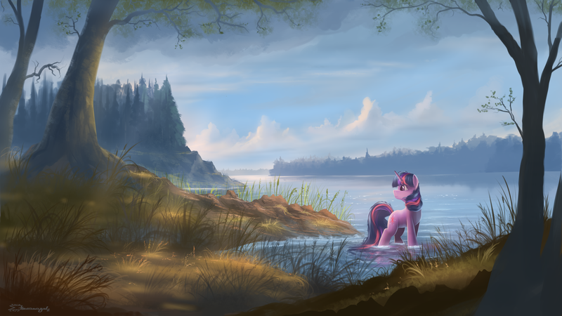 Size: 1920x1080 | Tagged: safe, artist:shamanguli, derpibooru import, twilight sparkle, pony, unicorn, cloud, cloudy, female, forest, grass, lake, mare, scenery, scenery porn, sky, solo, tree, unicorn twilight, water