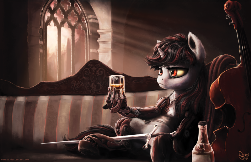 Size: 4000x2588 | Tagged: absurd resolution, alcohol, amputee, artist:nemo2d, bottle, cello, contrabass, crepuscular rays, cyborg, derpibooru import, deus ex, deus ex: human revolution, fallout equestria, fallout equestria: project horizons, i never asked for this, mechanized, musical instrument, oc, oc:blackjack, prosthetic limb, prosthetics, red eyes, safe, shot glass, sitting, solo, sword, unofficial characters only, weapon, whiskey