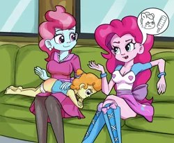 Size: 1089x896 | Tagged: suggestive, artist:ohohokapi, deleted from derpibooru, derpibooru import, cloudy quartz, cup cake, pinkie pie, pumpkin cake, earth pony, pony, equestria girls, boots, breasts, busty cup cake, busty pinkie pie, cleavage, clothes, crossed legs, discipline, equestria girls-ified, female, implied cloudy quartz, miniskirt, mother and daughter, older, punishment, shoes, skirt, spanking, trio, trio female