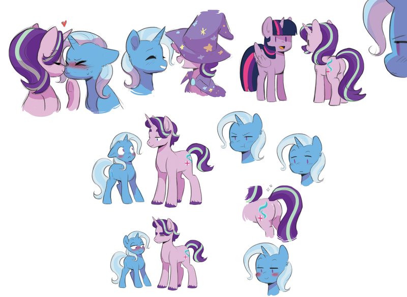 Size: 2743x2000 | Tagged: safe, artist:kianamai, derpibooru import, starlight glimmer, trixie, twilight sparkle, twilight sparkle (alicorn), alicorn, pony, kilalaverse, blushing, boop, eyes on the prize, female, half r63 shipping, kissing, lesbian, male, mare, noseboop, plot, rule 63, shipping, sketch, startrix, stellar gleam, straight, transformation, transgender transformation, trixgleam