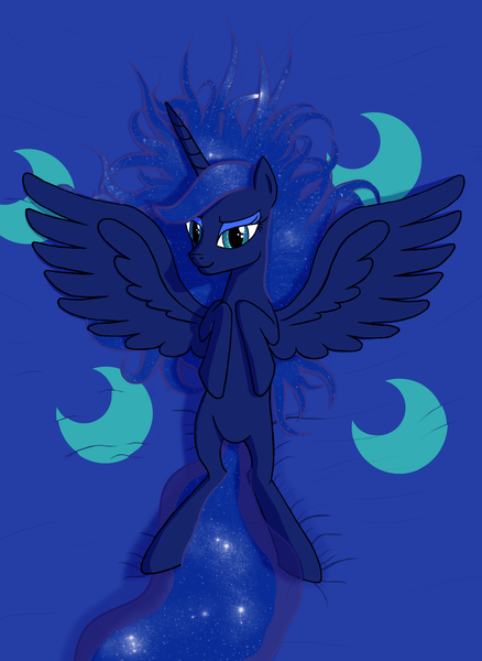 Size: 1476x2020 | Tagged: suggestive, artist:crusierpl, derpibooru import, princess luna, alicorn, pony, bed, featureless crotch, female, looking at you, mare, on back, on bed, overhead view, solo, solo female, spread wings