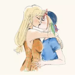 Size: 709x709 | Tagged: safe, artist:mlp-fap-art, derpibooru import, applejack, rainbow dash, human, appledash, backwards ballcap, baseball cap, clothes, eyes closed, female, hat, hug, humanized, kissing, lesbian, shipping, shirt, simple background, t-shirt, traditional art