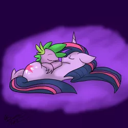 Size: 1440x1440 | Tagged: safe, artist:thundershock0823, derpibooru import, spike, twilight sparkle, dragon, pony, unicorn, baby, baby dragon, cute, female, male, mama twilight, mare, signature, sleeping, spikabetes, spikelove, twiabetes, unicorn twilight