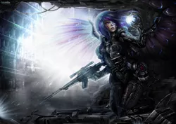 Size: 1280x905 | Tagged: artificial wings, artist:inteaselive, augmented, body armor, derpibooru import, gun, human, humanized, mechanical wing, rifle, safe, science fiction, solo, twilight sparkle, twilight sparkle (alicorn), weapon, wings