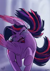 Size: 583x827 | Tagged: safe, artist:jowybean, derpibooru import, twilight sparkle, twilight sparkle (alicorn), alicorn, pony, betrayed, colored wings, colored wingtips, crying, eyes closed, gums, hilarious in hindsight, open mouth, running, sad, screaming, signature, solo, tantrum, teeth, tongue out, trotting, upset, yelling