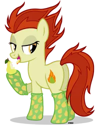 Size: 3100x3900 | Tagged: suggestive, artist:a4r91n, derpibooru import, oc, oc:para focului, unofficial characters only, earth pony, pony, bedroom eyes, clothes, cutie mark, eating, food, looking at you, pear, plot, show accurate, simple background, socks, tongue out, transparent background, vector