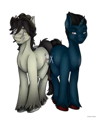 Size: 2701x3290 | Tagged: safe, artist:celestialoddity, derpibooru import, oc, oc:eli boone, oc:slashing prices, unofficial characters only, earth pony, pony, unicorn, cousins, cowboy hat, cutie mark, duo, duo male, hat, male