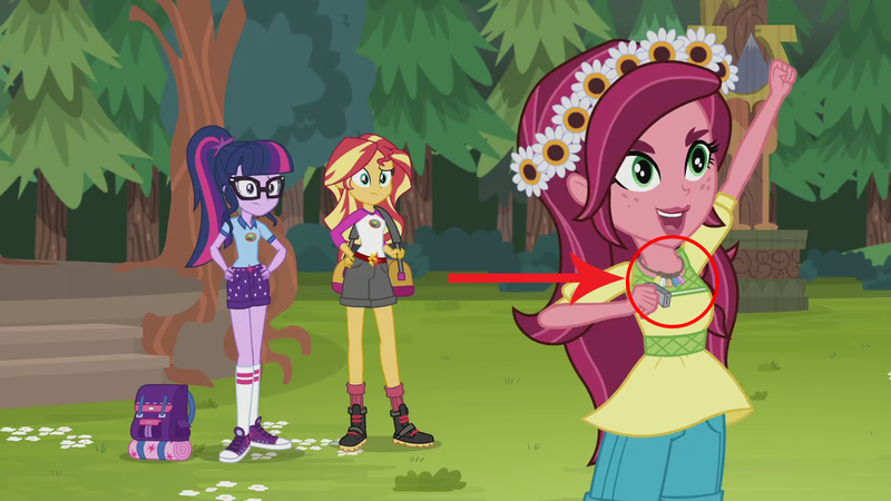Size: 1280x720 | Tagged: safe, derpibooru import, edit, edited screencap, screencap, gloriosa daisy, sci-twi, sunset shimmer, twilight sparkle, equestria girls, legend of everfree, backpack, clothes, converse, geode of fauna, geode of shielding, geode of sugar bombs, geode of super speed, geode of super strength, magical geodes, shoes, sneakers, whistle