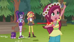 Size: 1280x720 | Tagged: safe, derpibooru import, edit, edited screencap, screencap, gloriosa daisy, sci-twi, sunset shimmer, twilight sparkle, equestria girls, legend of everfree, backpack, clothes, converse, geode of fauna, geode of shielding, geode of sugar bombs, geode of super speed, geode of super strength, magical geodes, shoes, sneakers, whistle