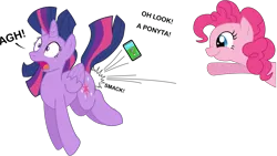 Size: 9135x5143 | Tagged: safe, artist:flutterthrash, artist:sonofaskywalker, derpibooru import, pinkie pie, twilight sparkle, twilight sparkle (alicorn), alicorn, pony, absurd resolution, crossover, dialogue, nintendo, open mouth, parody, phone, pokéball, pokémon, pokémon go, simple background, smartphone, surprised, throwing, transparent background