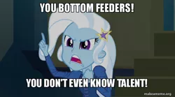 Size: 800x446 | Tagged: safe, derpibooru import, edit, edited screencap, screencap, trixie, equestria girls, rainbow rocks, caption, culture shock, image macro, meme, spongebob squarepants, trixie yells at everything