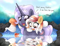 Size: 1024x785 | Tagged: safe, artist:joakaha, derpibooru import, oc, oc:night glow, oc:pebbles, unofficial characters only, alicorn, duck pony, pony, alicorn oc, cute, dialogue, eyes on the prize, floating, freckles, happy, heart, open mouth, pond, ponies riding ponies, reflection, smiling, swimming, water, watermark