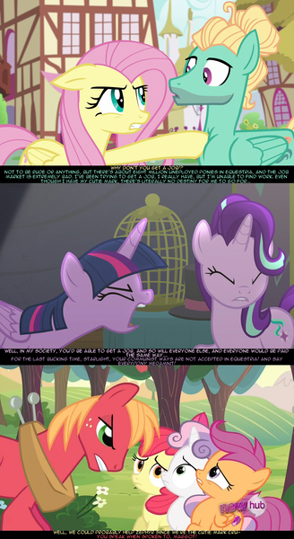 Size: 1280x2343 | Tagged: safe, derpibooru import, edit, edited screencap, screencap, apple bloom, big macintosh, fluttershy, scootaloo, starlight glimmer, sweetie belle, twilight sparkle, twilight sparkle (alicorn), zephyr breeze, alicorn, pony, crusaders of the lost mark, flutter brutter, no second prances, ponyville confidential, a talking cat!?!, cutie mark crusaders, implying, jontron, male, psyga's alternate pony scenes, text