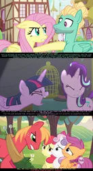 Size: 1280x2343 | Tagged: safe, derpibooru import, edit, edited screencap, screencap, apple bloom, big macintosh, fluttershy, scootaloo, starlight glimmer, sweetie belle, twilight sparkle, twilight sparkle (alicorn), zephyr breeze, alicorn, pony, crusaders of the lost mark, flutter brutter, no second prances, ponyville confidential, a talking cat!?!, cutie mark crusaders, implying, jontron, male, psyga's alternate pony scenes, text