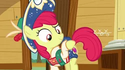 Size: 1280x720 | Tagged: apple bloom, clothes, cowboy hat, cutie mark, derpibooru import, dress, edit, edited screencap, flank, hat, inverted mouth, lederhosen, on your marks, plot, raised eyebrow, safe, screencap, skirt, skirt lift, smiling, stetson, the cmc's cutie marks, we already got our mark
