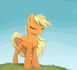 Size: 680x618 | Tagged: safe, artist:akeahi, artist:szafir87, derpibooru import, edit, applejack, earth pony, pony, animated, cinemagraph, cloud, cute, eyes closed, female, freckles, grass, headbob, loop, loose hair, mare, messy mane, perfect loop, smiling, solo, windswept mane