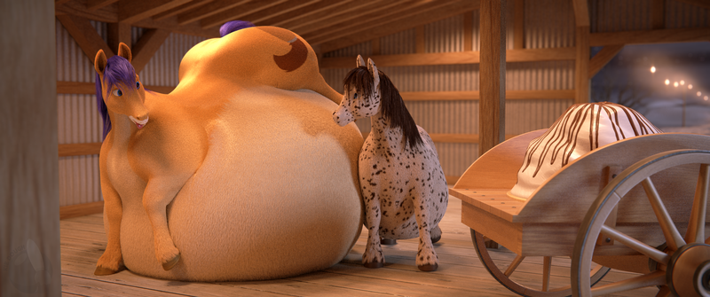 Size: 3440x1440 | Tagged: questionable, artist:kiedough, derpibooru import, oc, oc:jesse orange, oc:kie dough, unofficial characters only, horse, 1 hoof on ground, 3d, belly, belly bed, blender, cake, cart, fat, food, immobile, impossibly large belly, morbidly obese, obese, postframe, realistic, stuffing, tongue out