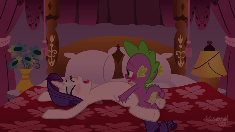 Size: 1280x720 | Tagged: questionable, artist:dubstepina, derpibooru import, rarity, spike, dragon, pony, unicorn, blushing, eyes closed, female, foalcon, male, mare, missionary position, open mouth, sex, shipping, sparity, straight, straight shota, tongue out