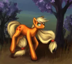 Size: 1783x1588 | Tagged: applejack, artist:nyarmarr, derpibooru import, grass, hatless, missing accessory, safe, solo, tree, windswept mane