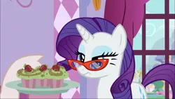 Size: 1920x1080 | Tagged: safe, derpibooru import, screencap, pinkie pie, rarity, pony, canterlot boutique, cupcake, food, glasses, rarity looking at food