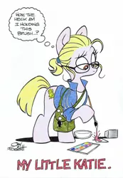 Size: 1812x2618 | Tagged: safe, artist:jay fosgitt, artist:katiecandraw, derpibooru import, idw, oc, unofficial characters only, earth pony, pony, artist, blonde, clothes, comic, dexterous hooves, drawing, eyebrows, female, glasses, hoof hold, jacket, joke, katie cook, lampshade hanging, looking down, mare, paint, painting, parody, ponysona, satchel, shirt, solo