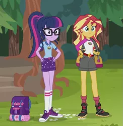 Size: 539x553 | Tagged: safe, derpibooru import, screencap, sci-twi, sunset shimmer, twilight sparkle, equestria girls, legend of everfree, camp everfree outfits, clothes, converse, cropped, legs, ponytail, shoes, sneakers