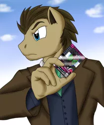 Size: 914x1093 | Tagged: anthro, artist:kamenriderpegasus, blue eyes, card, clothes, coat, derpibooru import, doctor who, doctor whooves, kamen rider, kamen rider decade, male, necktie, safe, suit, time turner