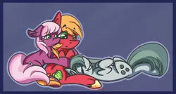 Size: 863x463 | Tagged: safe, artist:rosejule, derpibooru import, big macintosh, cheerilee, marble pie, earth pony, pony, big macintosh gets all the mares, cheeribetes, cheerimac, cheerimarblemac, cute, eyes closed, happy, hug, macabetes, male, marblebetes, marblemac, ot3, polyamory, shipping, smiling, stallion, straight