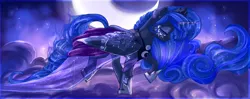 Size: 4000x1590 | Tagged: safe, artist:segraece, derpibooru import, princess luna, clothes, dress, ear piercing, earring, face paint, horn jewelry, jewelry, moon, night, piercing, solo