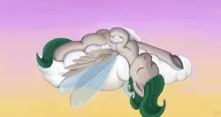 Size: 3185x1682 | Tagged: safe, artist:silvman, derpibooru import, oc, oc:j-sama, unofficial characters only, pegasus, pony, blank flank, cloud, cute, eyes closed, green mane, lying down, on back, sky, smiling, solo, spread wings, sunset, underhoof, wings