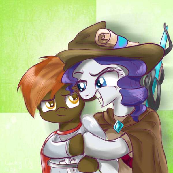 Size: 600x600 | Tagged: artist:redheadfly, button mash, derpibooru import, implied rarimash, rarity, safe, teamwork, teamwork is magic, warrior