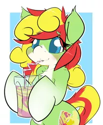 Size: 1350x1650 | Tagged: safe, artist:bbsartboutique, derpibooru import, oc, oc:mango tango, unofficial characters only, pony, bipedal, blushing, cup, cute, drinking, fluffy, hoof hold, male, smiling, smoothie, solo, straw, trap