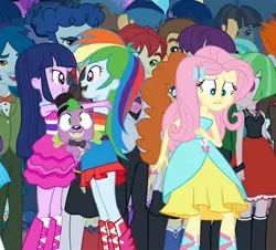 Size: 440x398 | Tagged: safe, derpibooru import, edit, screencap, bright idea, captain planet, carrot top, curly winds, drama letter, fluttershy, golden harvest, golden hazel, heath burns, indigo wreath, microchips, rainbow dash, scribble dee, some blue guy, spike, teddy t. touchdown, tennis match, twilight sparkle, watermelody, wiz kid, dog, equestria girls, equestria girls (movie), background human, boots, fall formal outfits, high heel boots, spike the dog