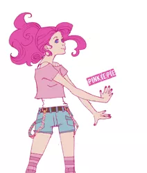 Size: 1012x1193 | Tagged: artist:voodootonic, clothes, derpibooru import, human, humanized, midriff, nail polish, pinkie pie, safe, shorts, socks, solo, striped socks, suspenders