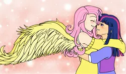 Size: 2701x1593 | Tagged: artist:shiko-k, clothes, derpibooru import, female, fluttershy, horned humanization, human, humanized, lesbian, off shoulder, safe, shipping, sweater, sweatershy, twilight sparkle, twishy, winged humanization