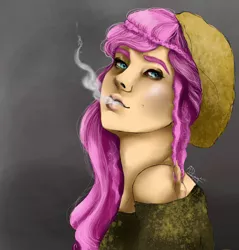 Size: 1543x1615 | Tagged: artist:rayna-crazy, clothes, derpibooru import, fluttershy, hat, human, humanized, off shoulder, safe, smoking, solo